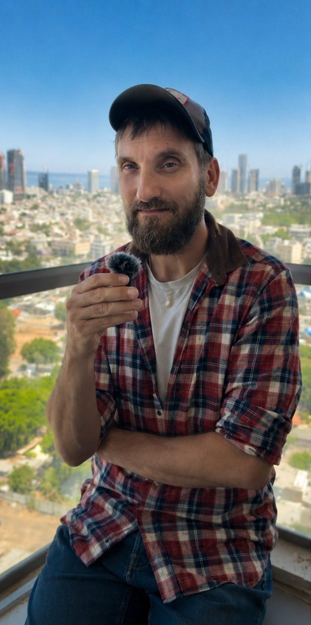Tamir Hitman holding a microphone windshield, with the Tel Aviv skyline behind him